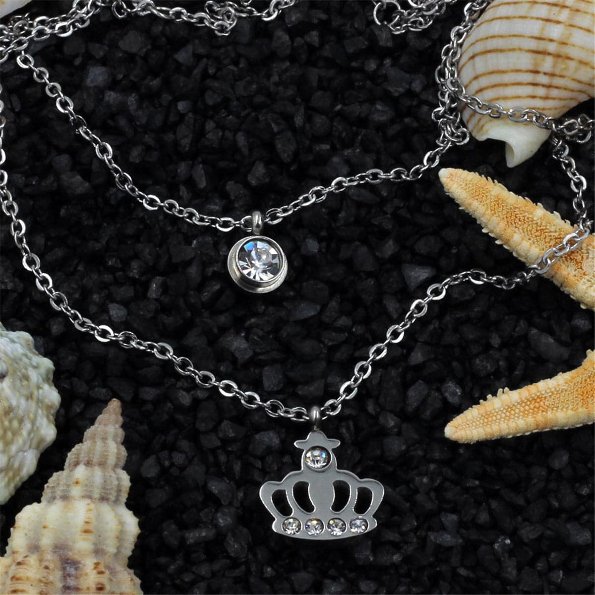 Cubic Zirconia and Silver-Plated Crown Layered Pendant Necklace, silver pendant necklace for women, front view