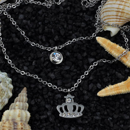Cubic Zirconia and Silver-Plated Crown Layered Pendant Necklace, silver pendant necklace for women, front view