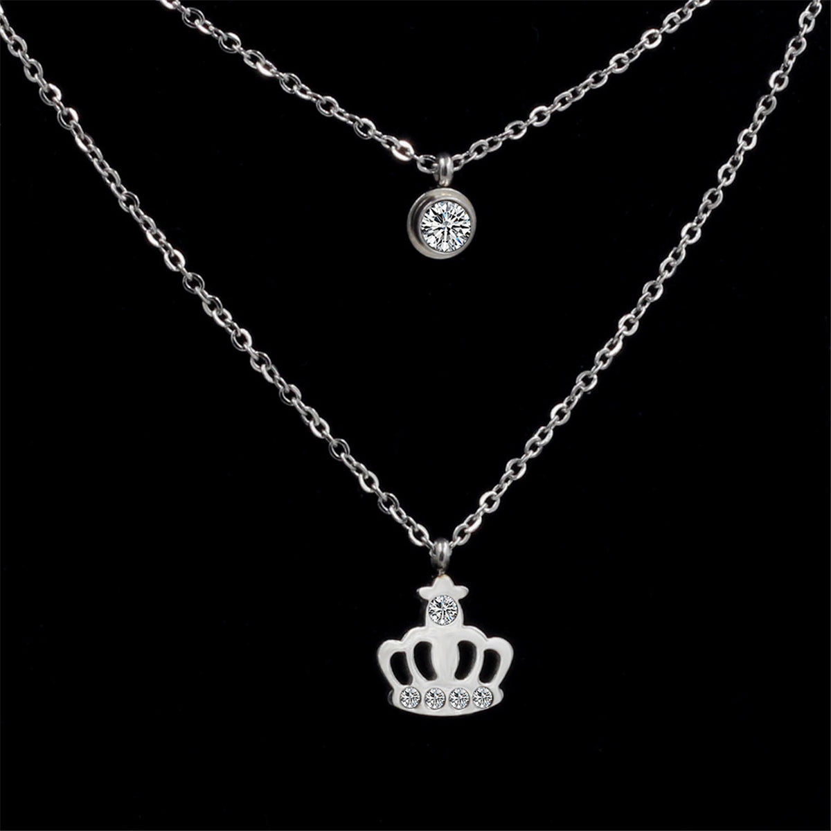 Cubic Zirconia and Silver-Plated Crown Layered Pendant Necklace, silver pendant necklace for women, detail close-up