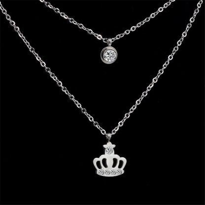 Cubic Zirconia and Silver-Plated Crown Layered Pendant Necklace, silver pendant necklace for women, detail close-up