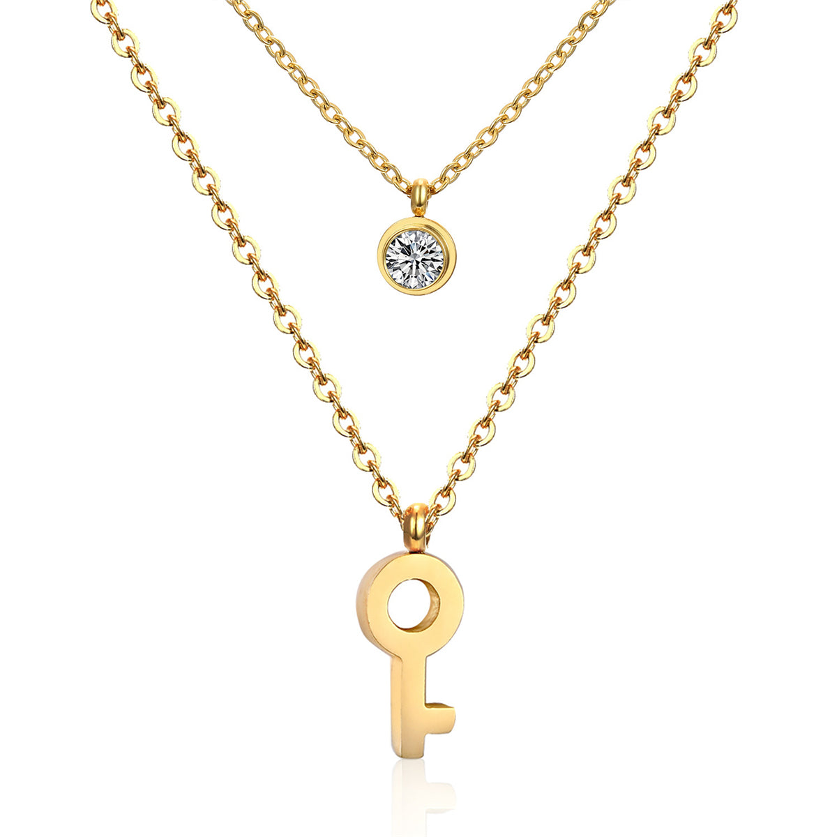 Cubic Zirconia and 18K Gold-Plated Key Layered Pendant Necklace, gold pendant necklace for women, everyday style, front view