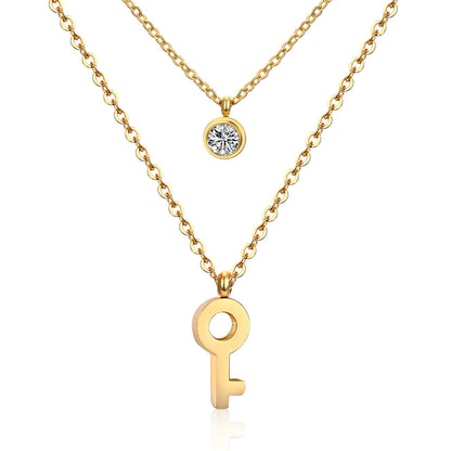 Cubic Zirconia and 18K Gold-Plated Key Layered Pendant Necklace, gold pendant necklace for women, everyday style, front view