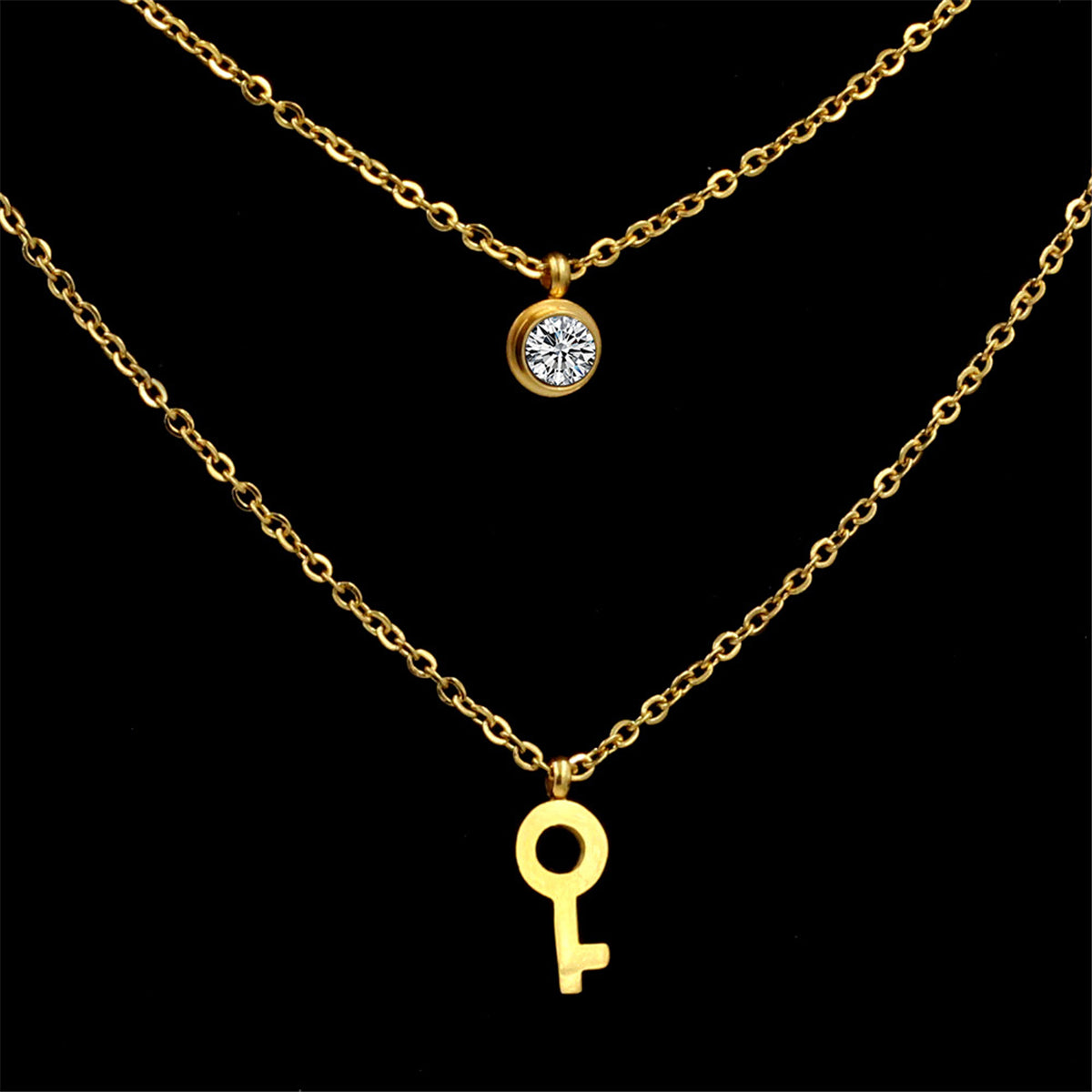 Cubic Zirconia and 18K Gold-Plated Key Layered Pendant Necklace, gold pendant necklace for women, everyday style, side view