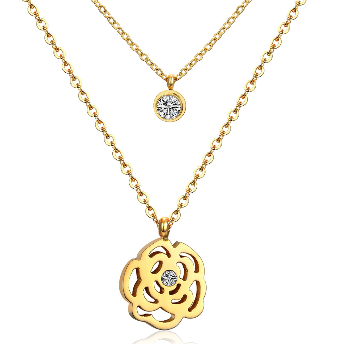 Cubic Zirconia and 18K Gold-Plated Rose Layered Pendant Necklace, gold pendant necklace for women, front view