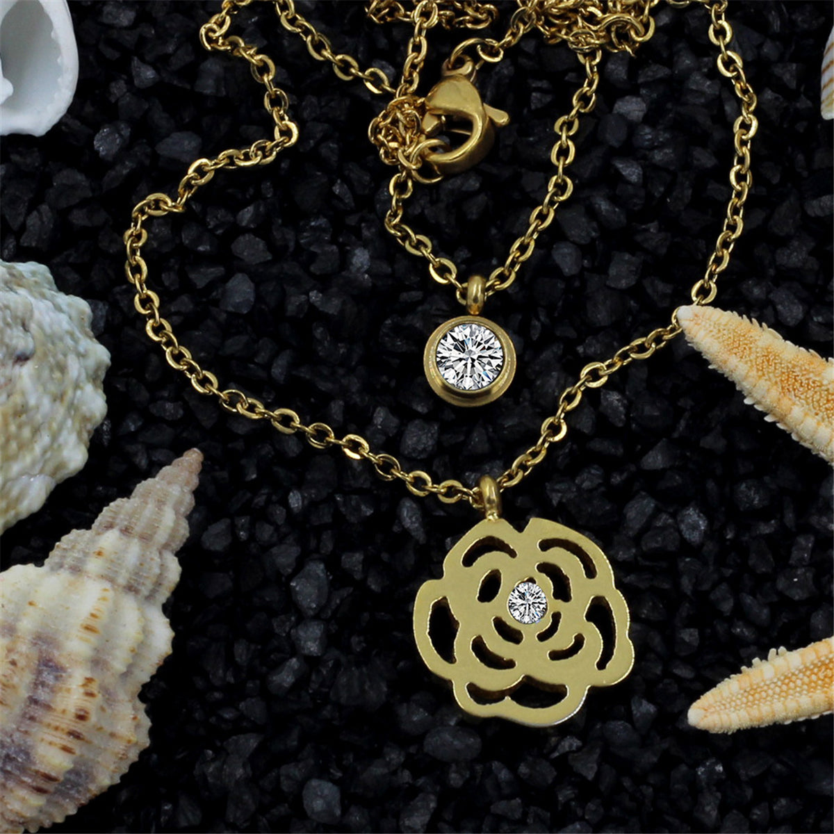 Cubic Zirconia and 18K Gold-Plated Rose Layered Pendant Necklace, gold pendant necklace for women, side view