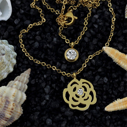 Cubic Zirconia and 18K Gold-Plated Rose Layered Pendant Necklace, gold pendant necklace for women, side view