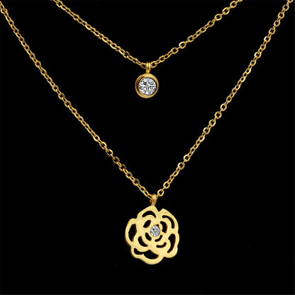 Cubic Zirconia and 18K Gold-Plated Rose Layered Pendant Necklace, gold pendant necklace for women, detail close-up