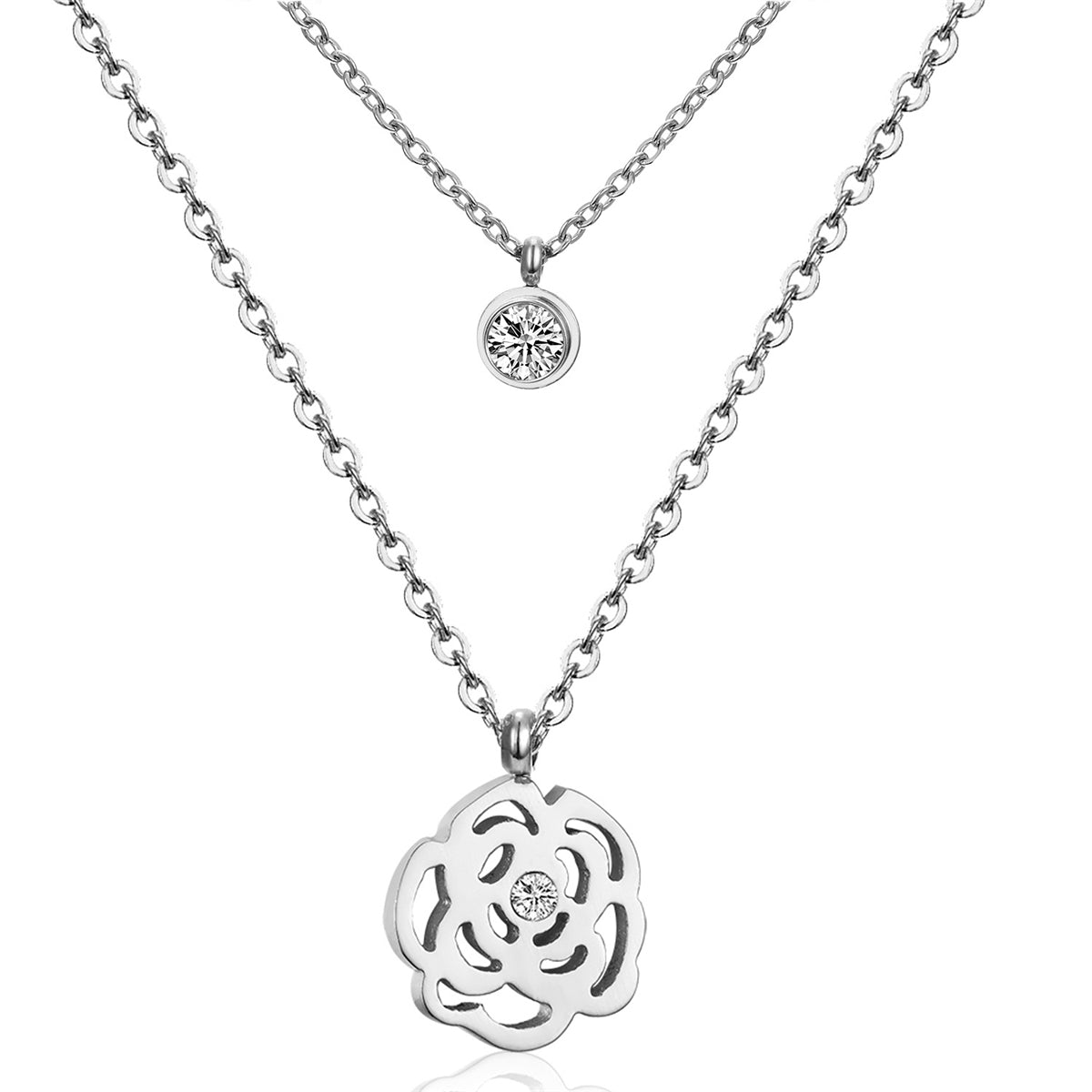 Cubic Zirconia and Silver-Plated Rose Layered Pendant Necklace, silver pendant necklace for women, front view