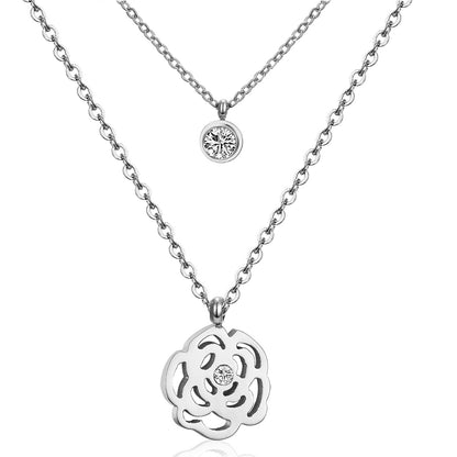 Cubic Zirconia and Silver-Plated Rose Layered Pendant Necklace, silver pendant necklace for women, front view