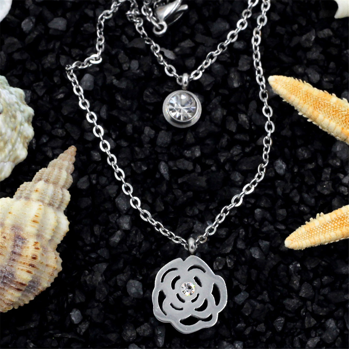 Cubic Zirconia and Silver-Plated Rose Layered Pendant Necklace, silver pendant necklace for women, detail close-up