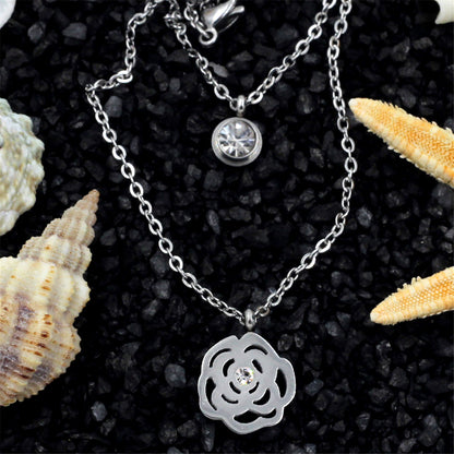 Cubic Zirconia and Silver-Plated Rose Layered Pendant Necklace, silver pendant necklace for women, detail close-up