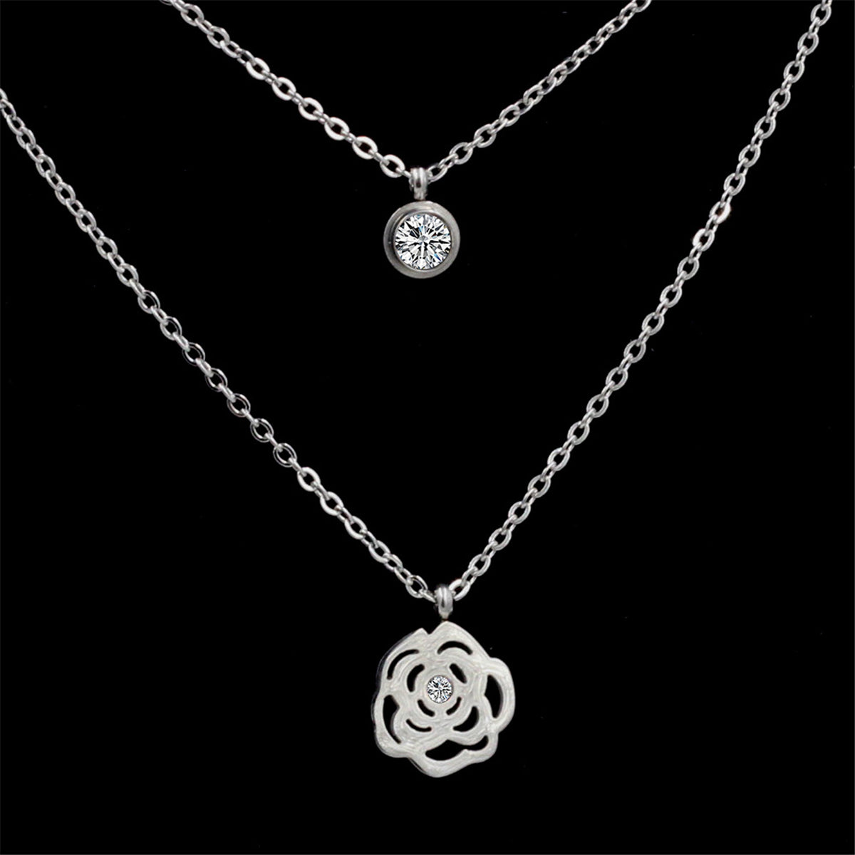 Cubic Zirconia and Silver-Plated Rose Layered Pendant Necklace, silver pendant necklace for women, side view