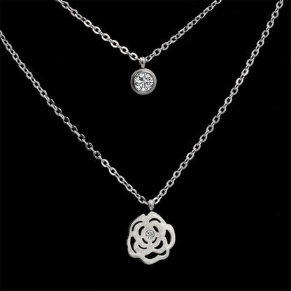 Cubic Zirconia and Silver-Plated Rose Layered Pendant Necklace, silver pendant necklace for women, side view