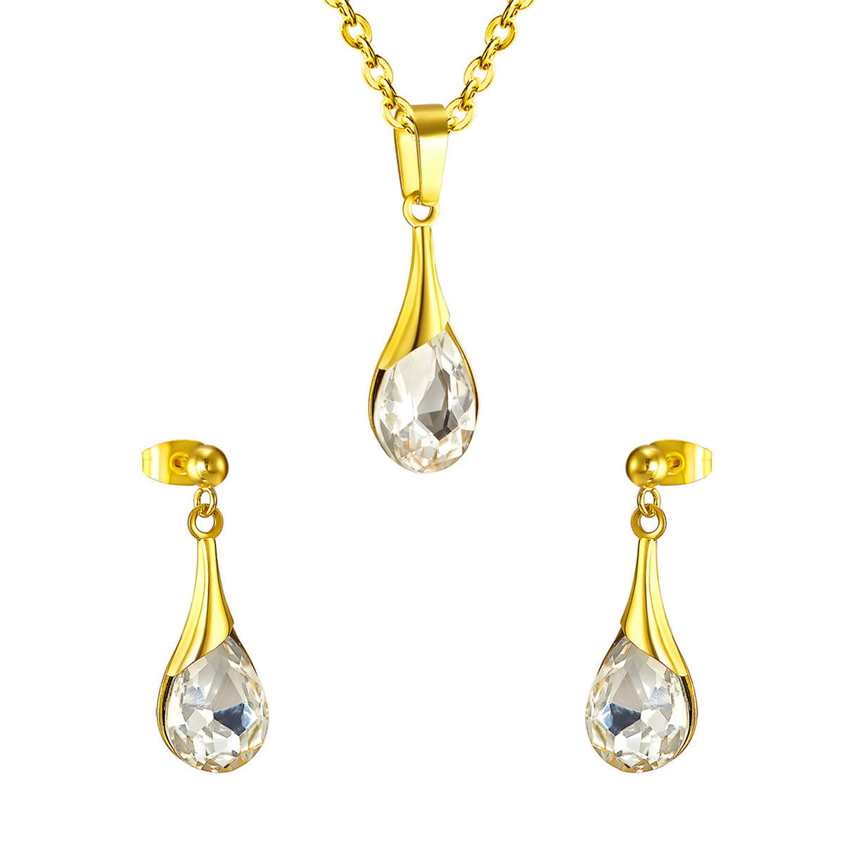 Clear Crystal and 18K Gold-Plated Drop Earrings and Pendant Necklace, gold drop earrings for women, front view