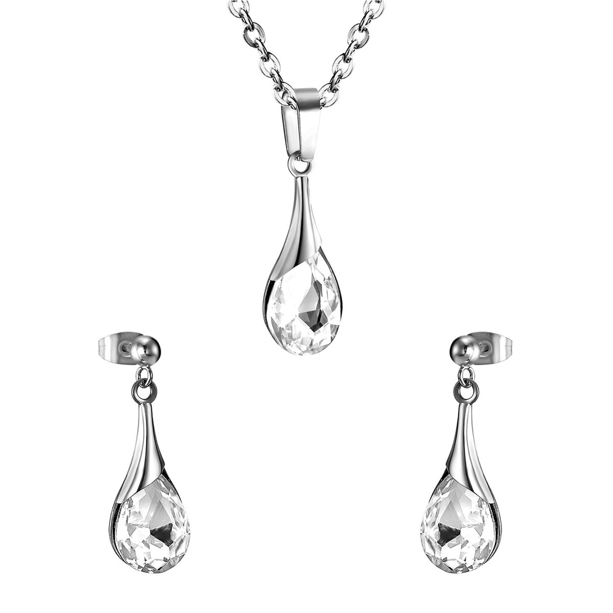 Clear Crystal and Silver-Plated Drop Earrings and Pendant Necklace, silver drop earrings for women, front view