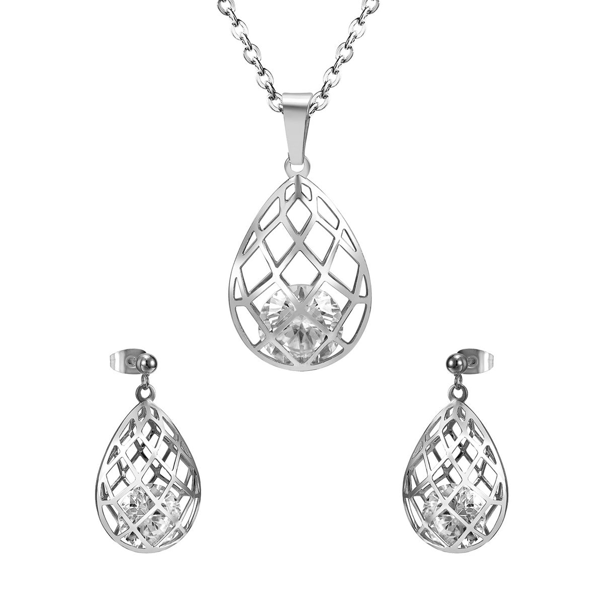 Clear Cubic Zirconia and Silver-Plated Caged Drop Earrings and Pendant Necklace, silver drop earrings for women, front view