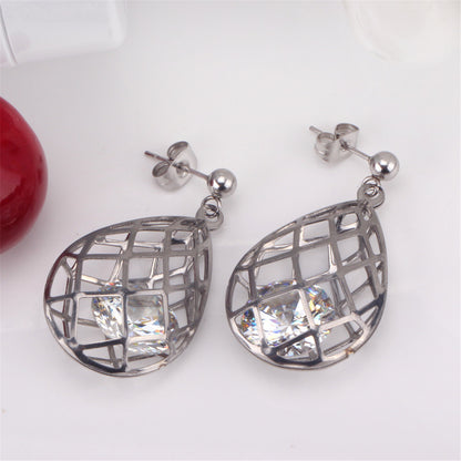 Clear Cubic Zirconia and Silver-Plated Caged Drop Earrings and Pendant Necklace, silver drop earrings..., detail close-up
