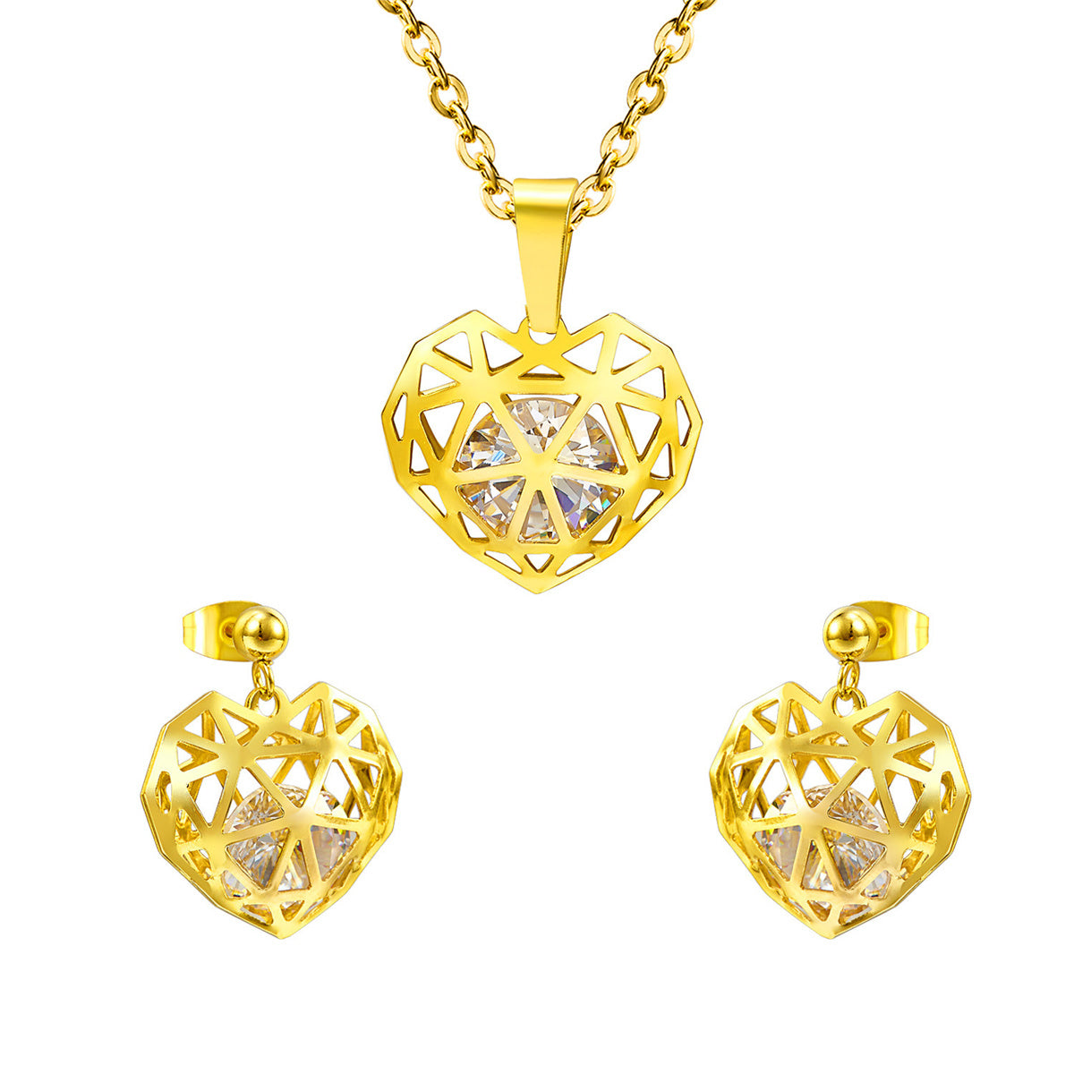 Clear Cubic Zirconia and 18K Gold-Plated Heart Drop Earrings and Pendant Necklace, gold drop earrings for women, front view