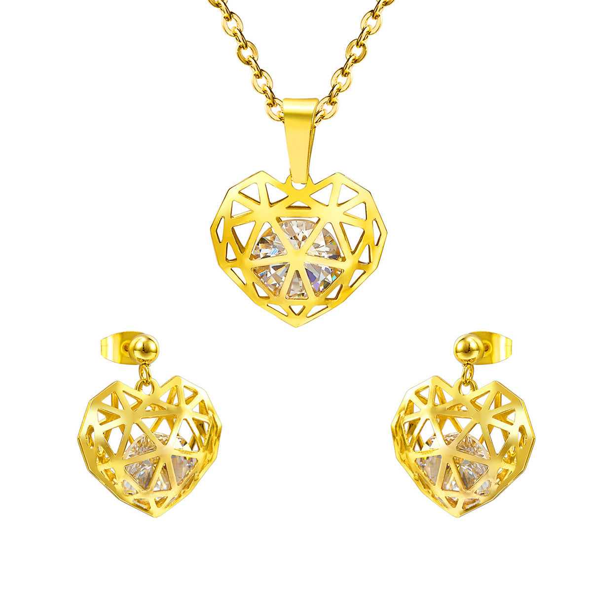 Clear Cubic Zirconia & 18K Gold-Plated Heart Drop Earrings & Pendant Necklace
