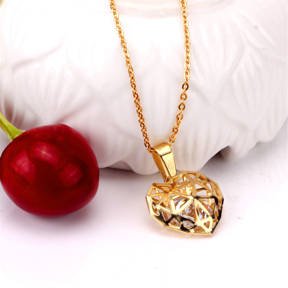 Clear Cubic Zirconia and 18K Gold-Plated Heart Drop Earrings and Pendant Necklace, gold drop earrings for women, side view