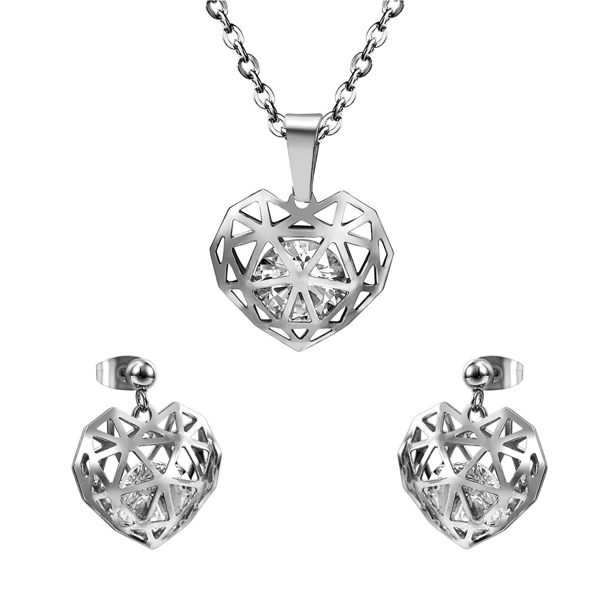 Clear Cubic Zirconia & Silver-Plated Heart Drop Earrings & Pendant Necklace