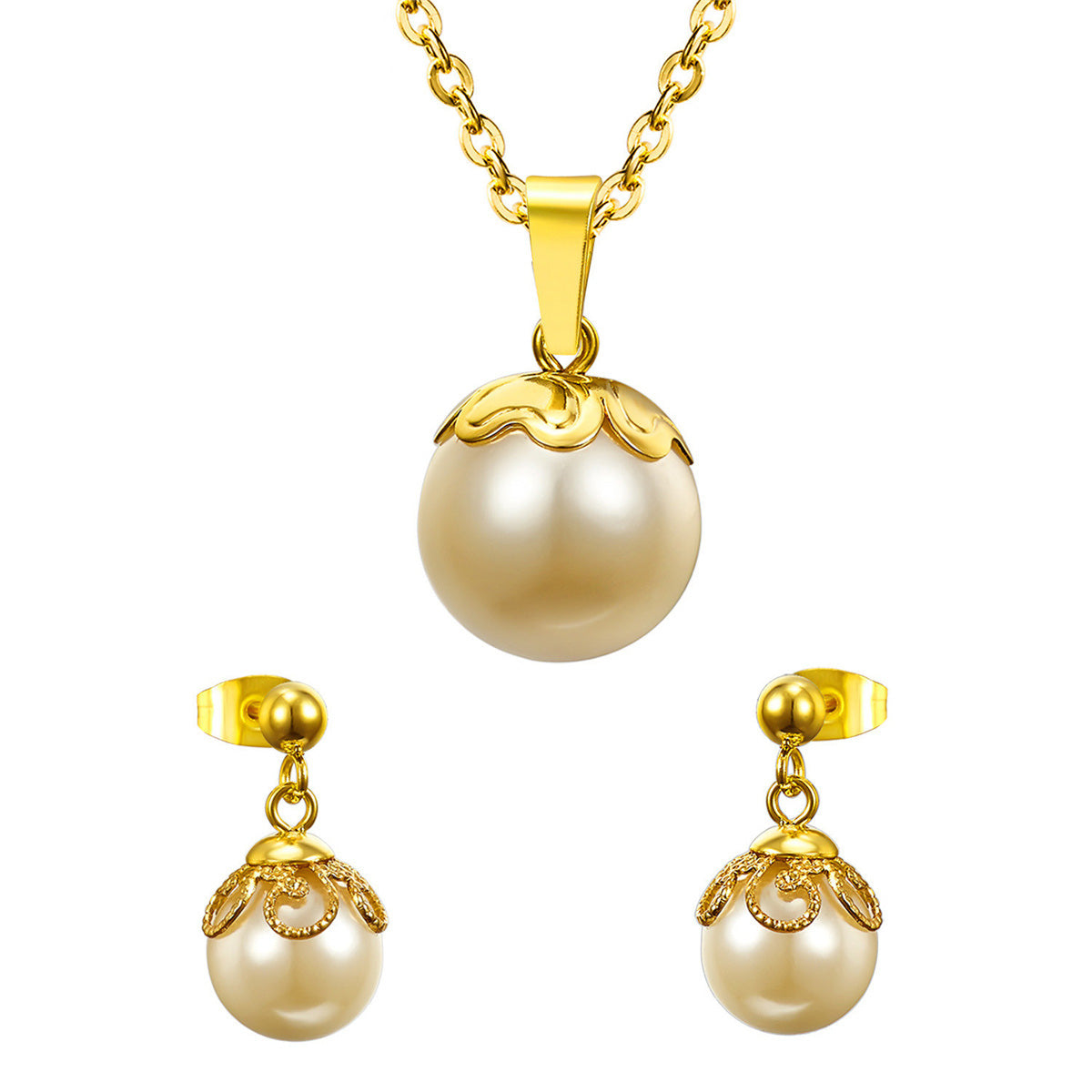 Pearl and 18K Gold-Plated Fruit Drop Earrings and Pendant Necklace, gold drop earrings for women, front view