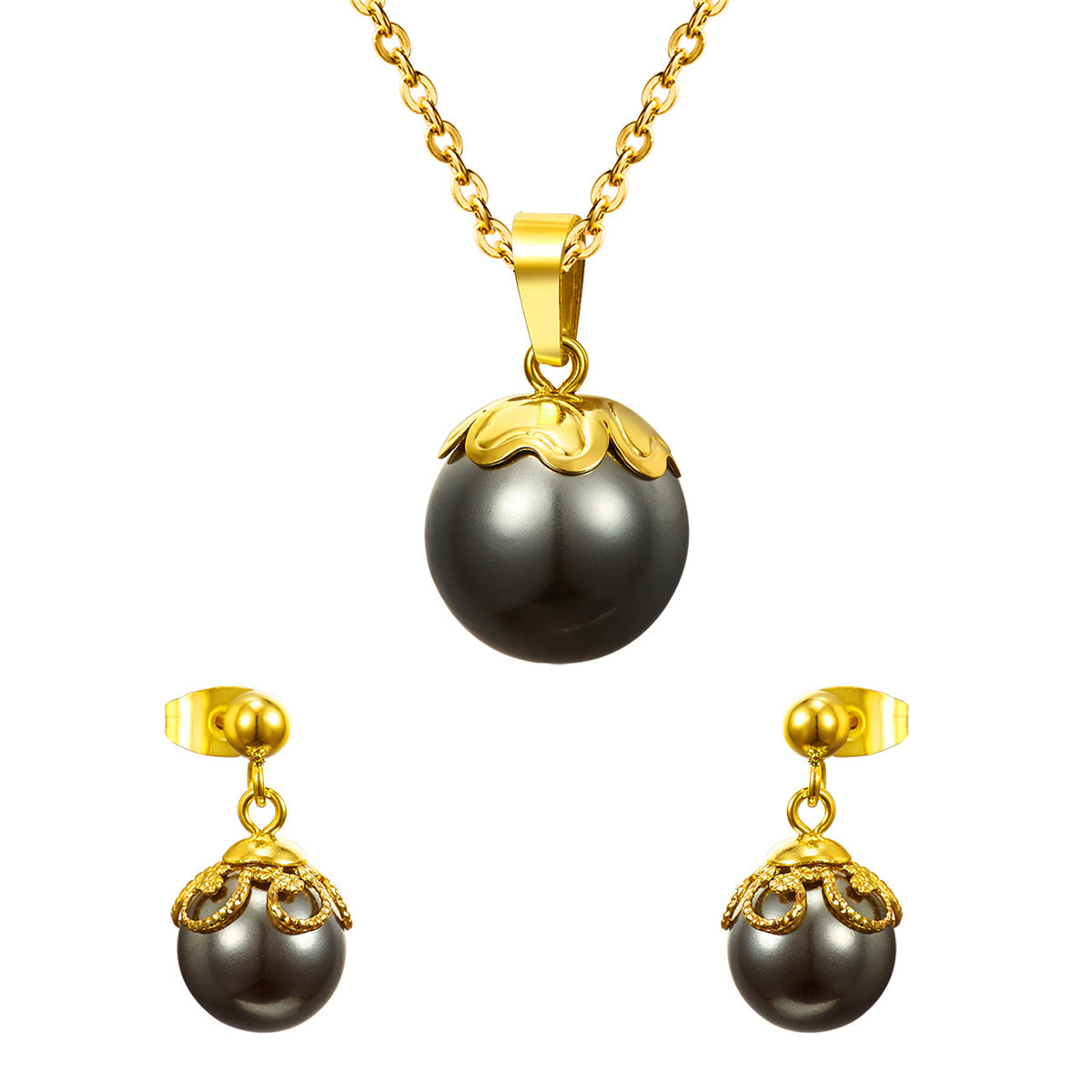 Black Pearl and 18K Gold-Plated Pendant Necklace and Stud Earrings, gold drop earrings for women, front view
