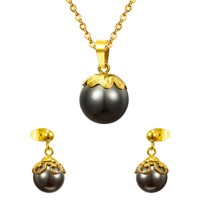 Black Pearl and 18K Gold-Plated Pendant Necklace and Stud Earrings, gold drop earrings for women, front view