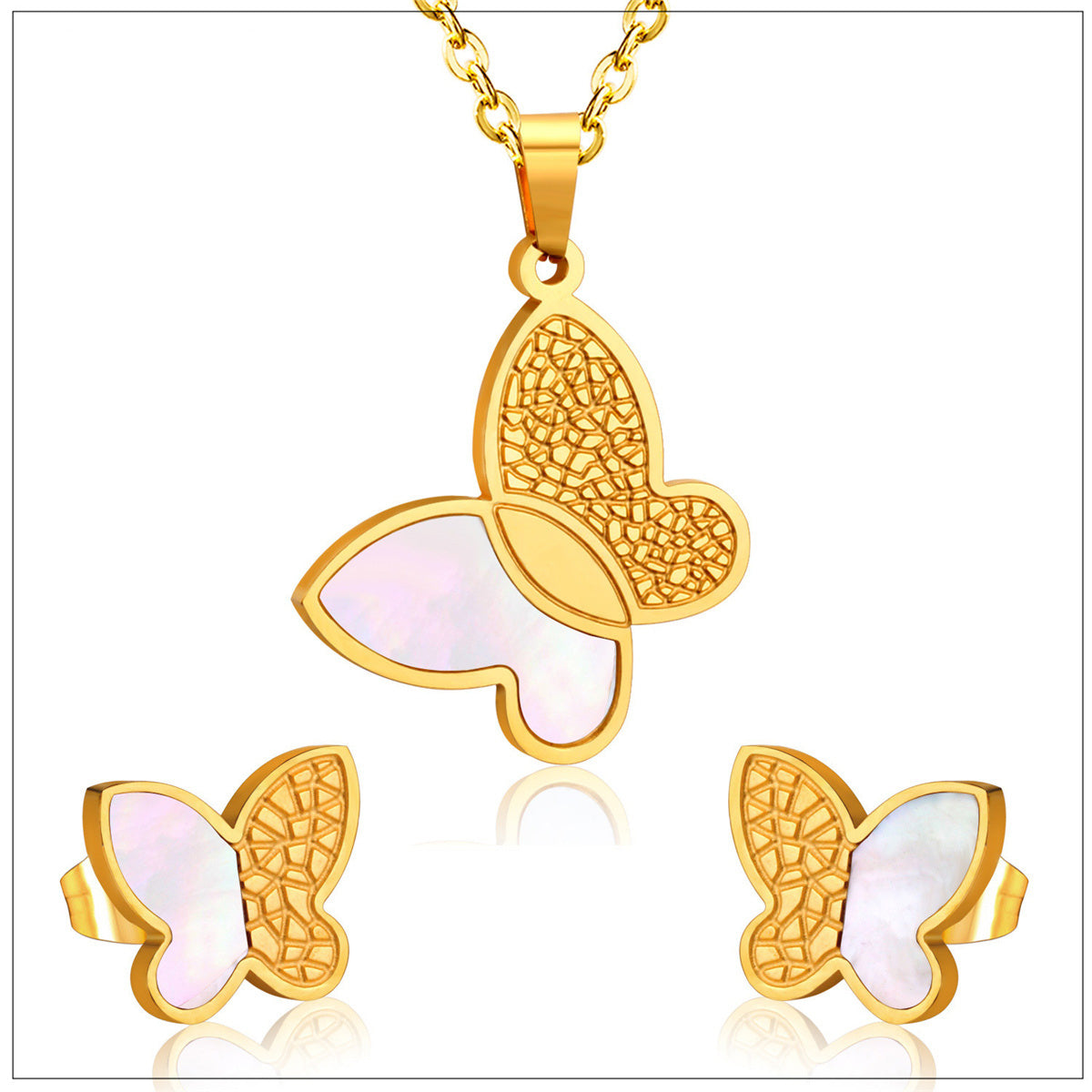 White Shell and 18K Gold-Plated Butterfly Stud Earrings and Pendant Necklace, gold stud earrings for women, front view