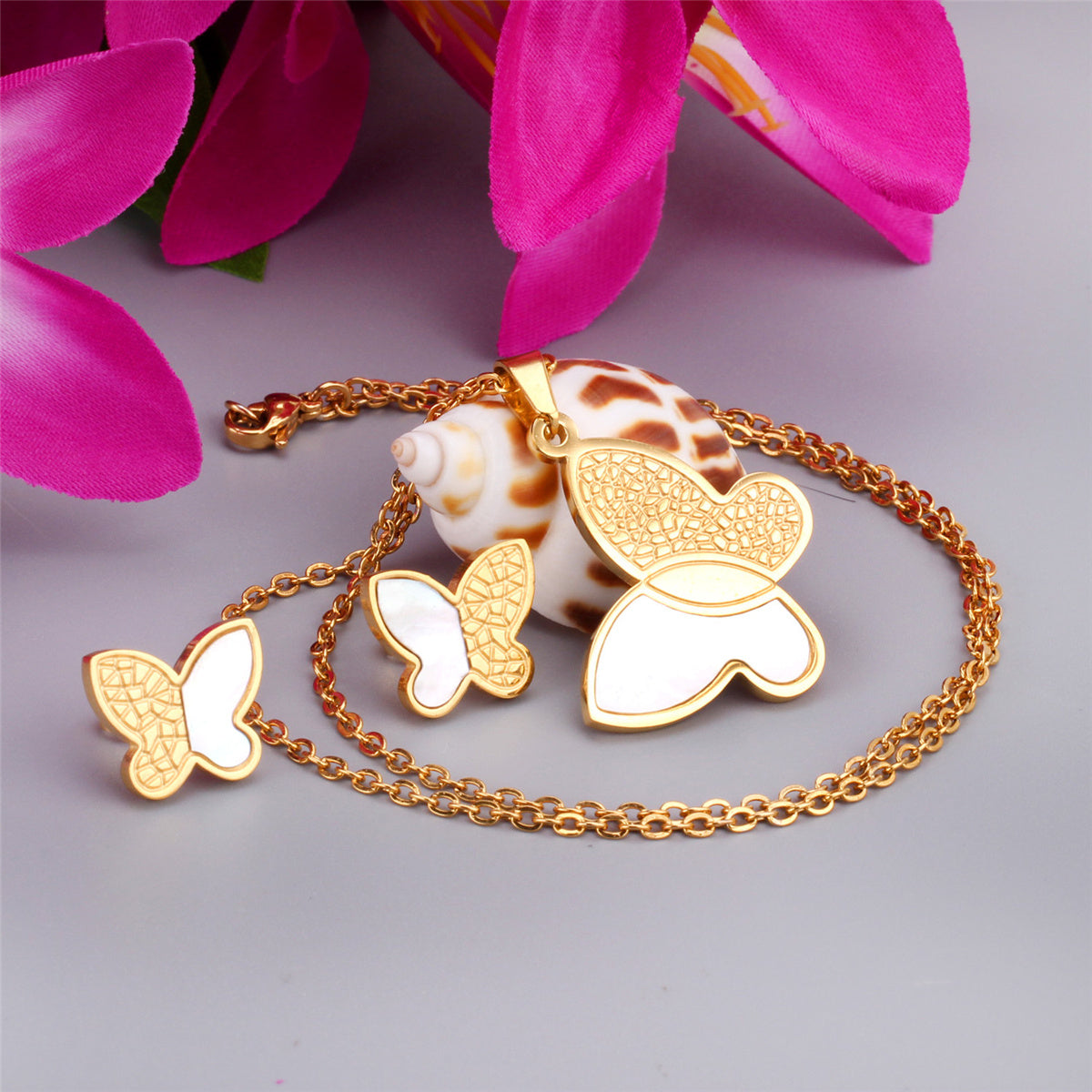 White Shell and 18K Gold-Plated Butterfly Stud Earrings and Pendant Necklace, gold stud earrings for women, detail close-up