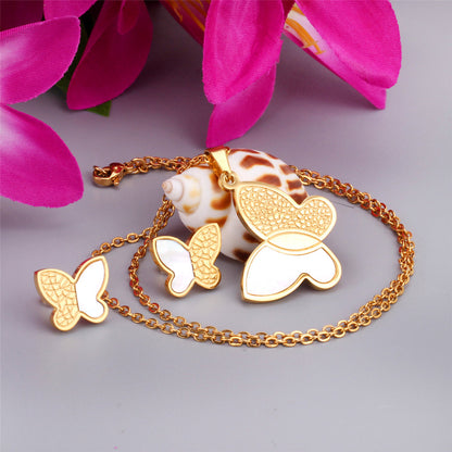 White Shell and 18K Gold-Plated Butterfly Stud Earrings and Pendant Necklace, gold stud earrings for women, detail close-up