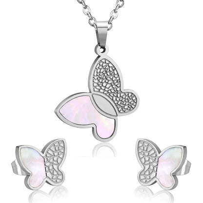 White Shell and Silver-Plated Butterfly Stud Earrings and Pendant Necklace, silver stud earrings for women, front view