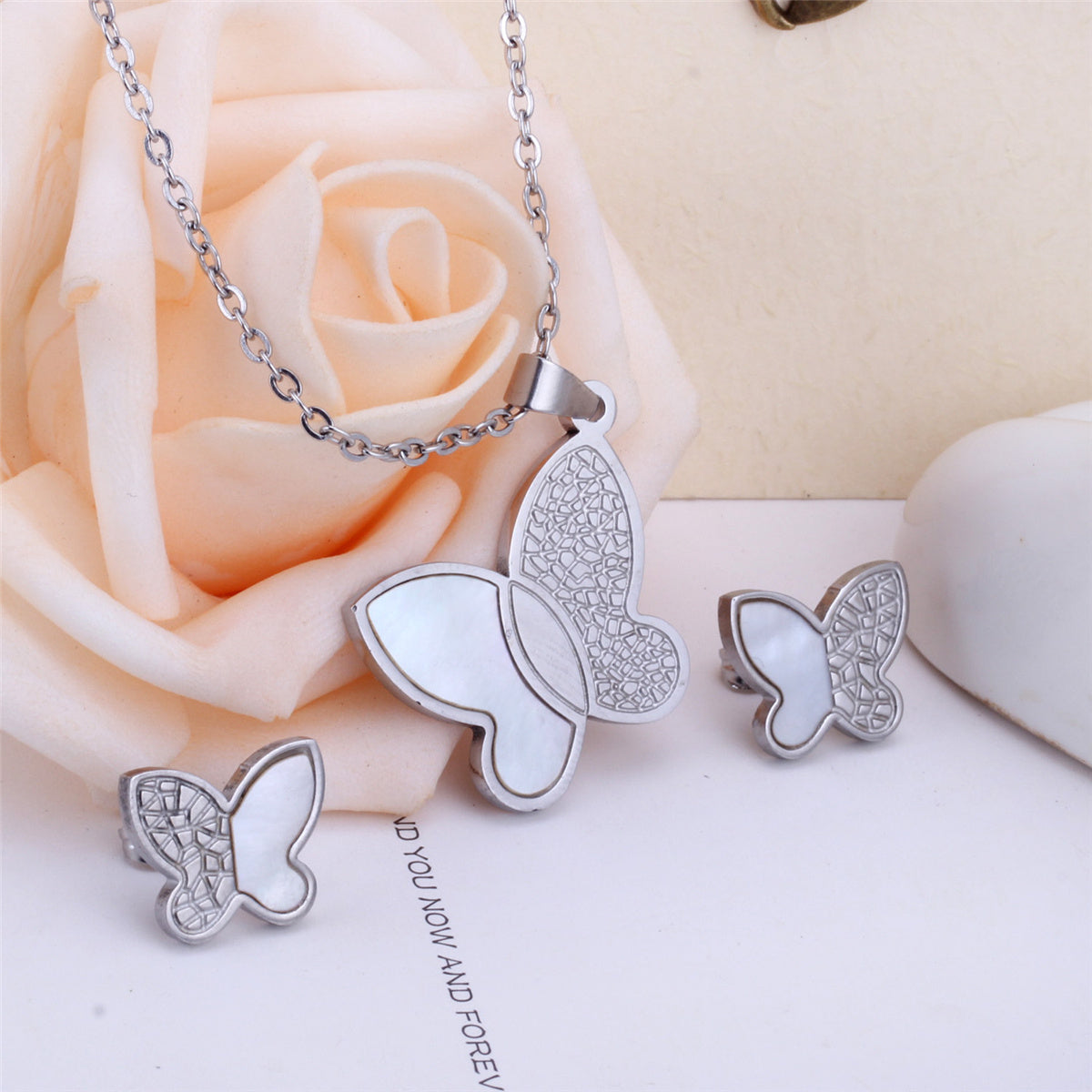 White Shell & Silver-Plated Butterfly Stud Earrings & Pendant Necklace