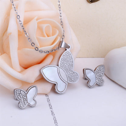 White Shell and Silver-Plated Butterfly Stud Earrings and Pendant Necklace, silver stud earrings for women, side view