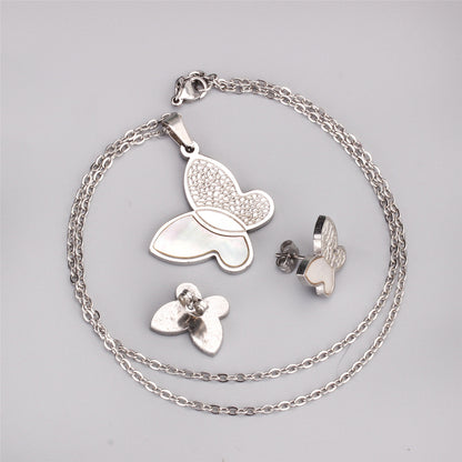 White Shell and Silver-Plated Butterfly Stud Earrings and Pendant Necklace, silver stud earrings for women, detail close-up