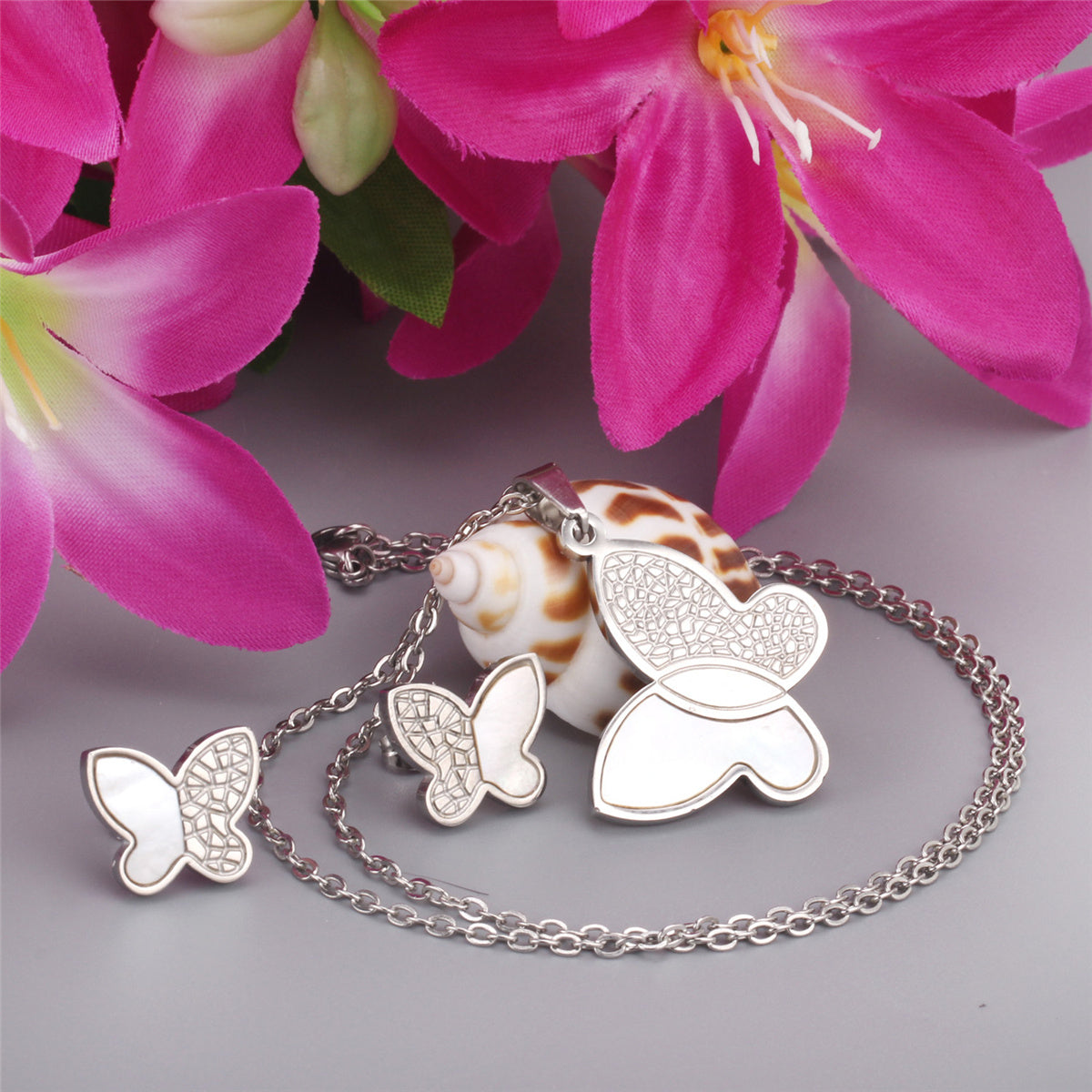 White Shell and Silver-Plated Butterfly Stud Earrings and Pendant Necklace, silver stud earrings for women, lifestyle look