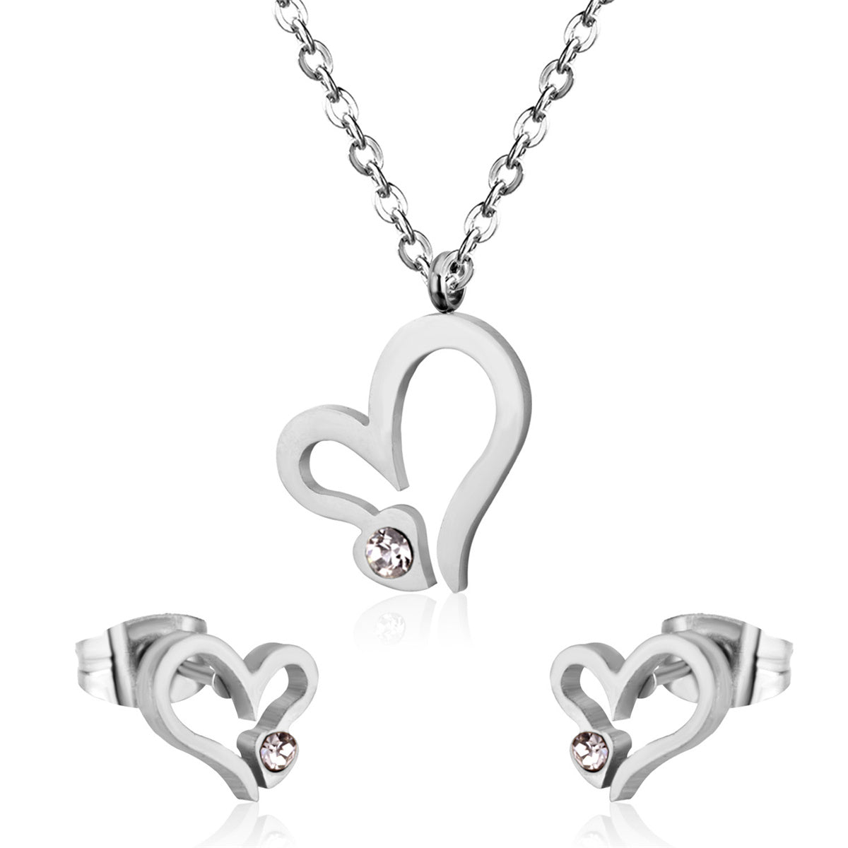 Clear Cubic Zirconia and Silver-Plated Heart Stud Earrings and Pendant Necklace, silver stud earrings for women, front view