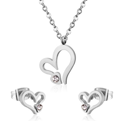 Clear Cubic Zirconia and Silver-Plated Heart Stud Earrings and Pendant Necklace, silver stud earrings for women, front view