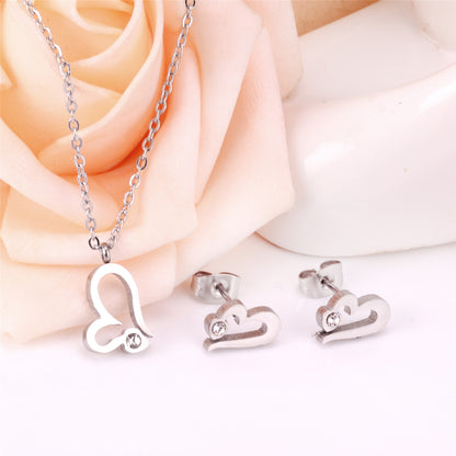 Clear Cubic Zirconia and Silver-Plated Heart Stud Earrings and Pendant Necklace, silver stud earrings..., detail close-up