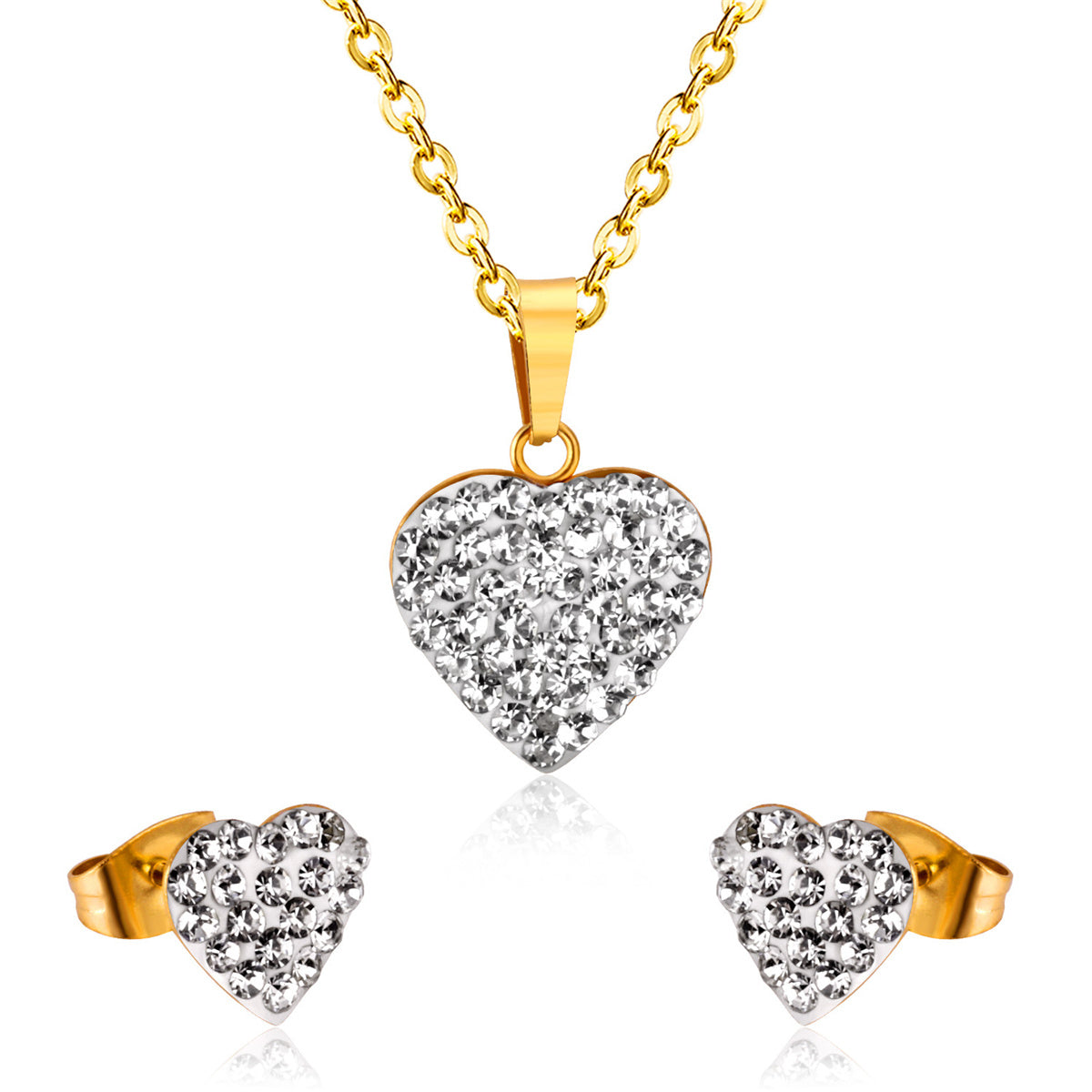 Clear Cubic Zirconia & 18K Gold-Plated Heart Stud Earrings & Pendant Necklace