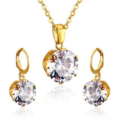 Cubic Zirconia and 18K Gold-Plated Drop Huggie Earrings and Pendant Necklace, gold huggie earrings, front view