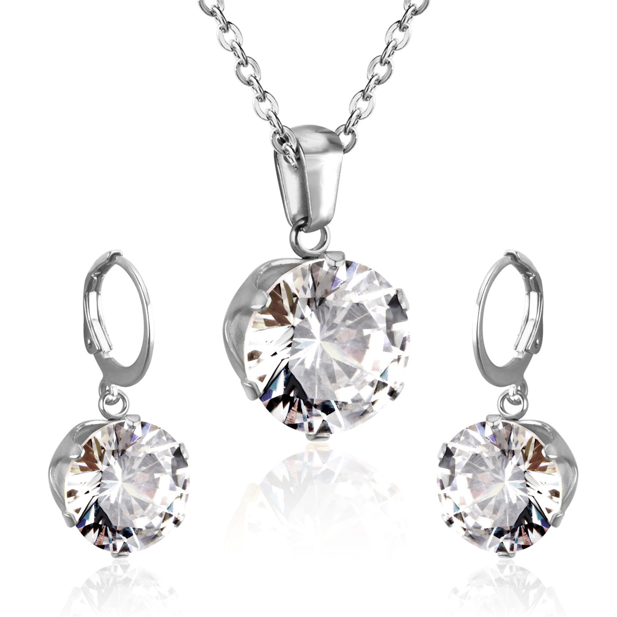 Cubic Zirconia and Silver-Plated Drop Huggie Earrings and Pendant Necklace, silver huggie earrings, front view