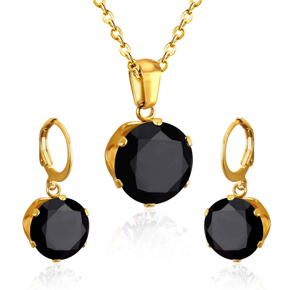 Black Cubic Zirconia and 18K Gold-Plated Huggie Earrings and Pendant Necklace, gold huggie earrings, front view