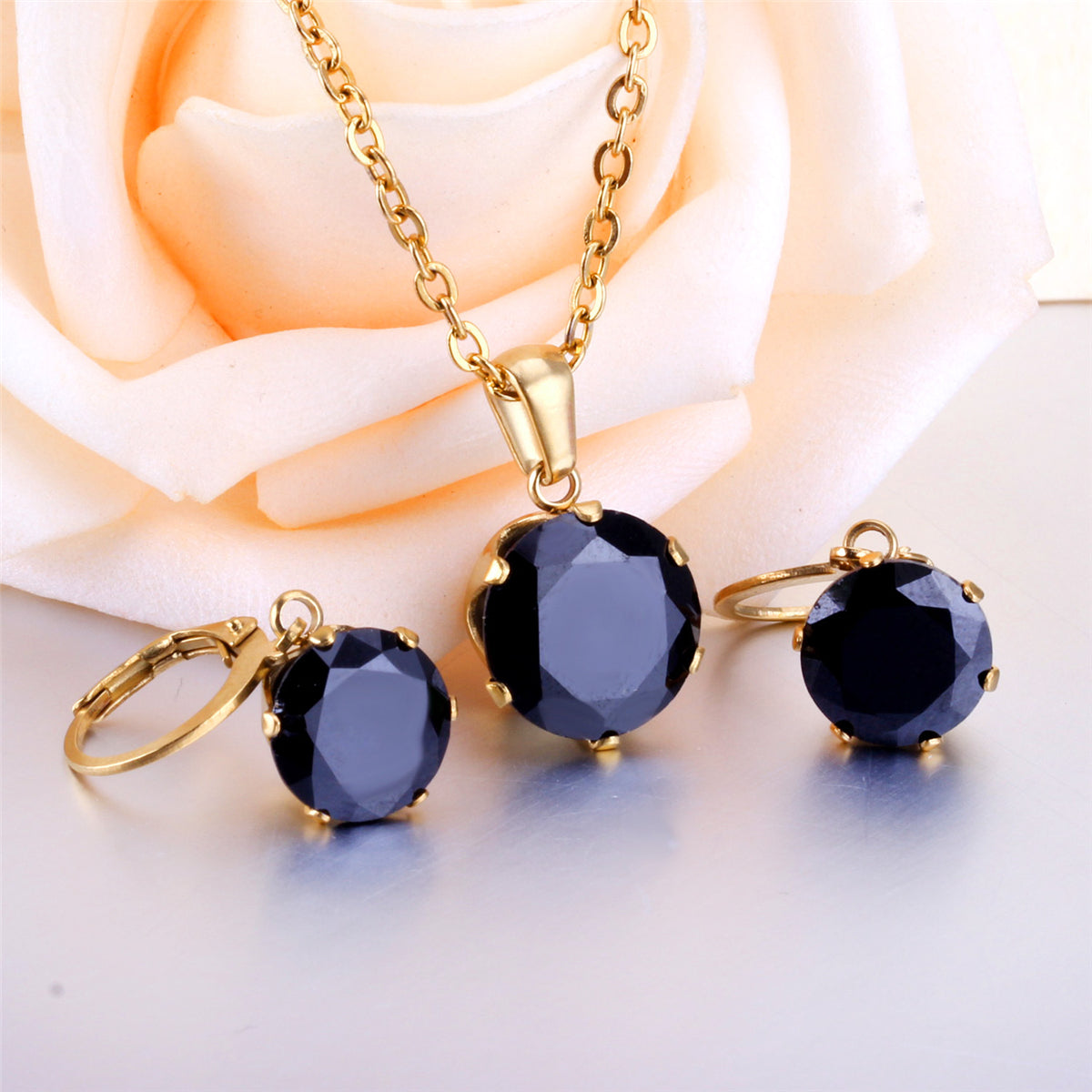 Black Cubic Zirconia and 18K Gold-Plated Huggie Earrings and Pendant Necklace, gold huggie earrings, detail close-up