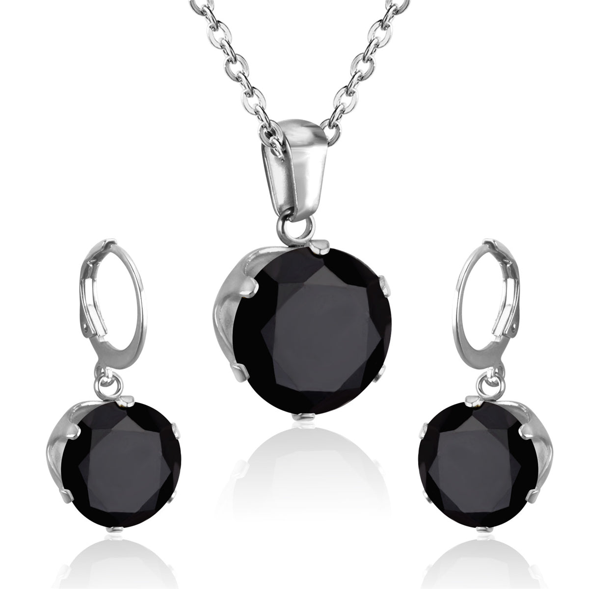Black Cubic Zirconia and Silver-Plated Round Pendant Necklace and Huggie Earrings, silver huggie earrings, front view