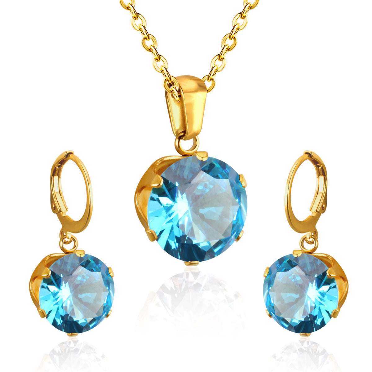 Light Blue Cubic Zirconia and 18K Gold-Plated Huggie Earrings and Pendant Necklace, gold huggie earrings, front view