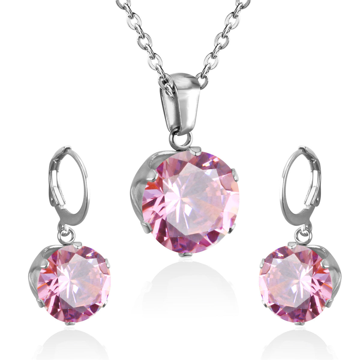Pink Cubic Zirconia and Silver-Plated Huggie Earrings and Pendant Necklace, silver huggie earrings, front view