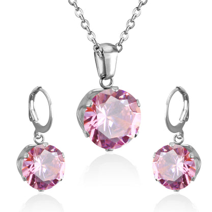 Pink Cubic Zirconia and Silver-Plated Huggie Earrings and Pendant Necklace, silver huggie earrings, front view