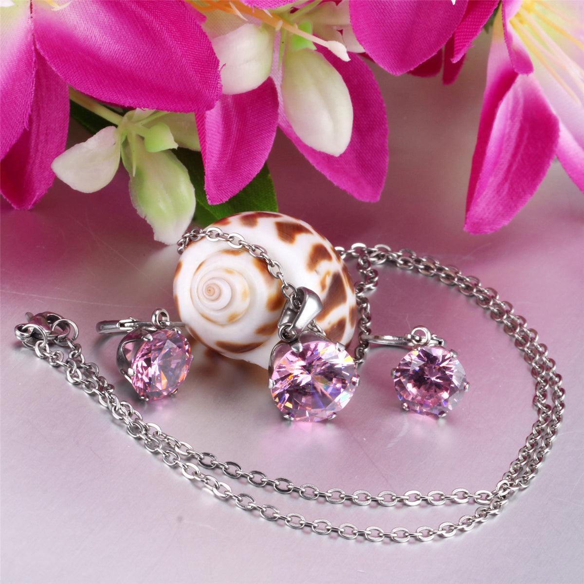 Pink Cubic Zirconia and Silver-Plated Huggie Earrings and Pendant Necklace, silver huggie earrings, detail close-up