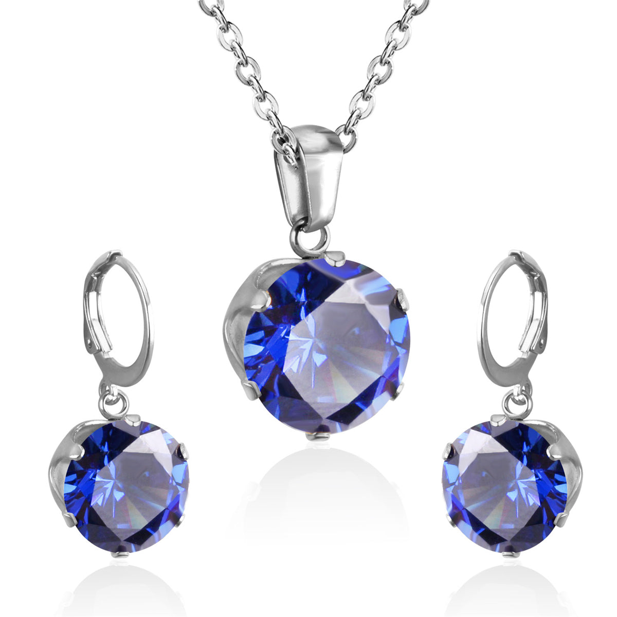 Blue Cubic Zirconia and Silver-Plated Huggie Earrings and Pendant Necklace, silver huggie earrings, front view
